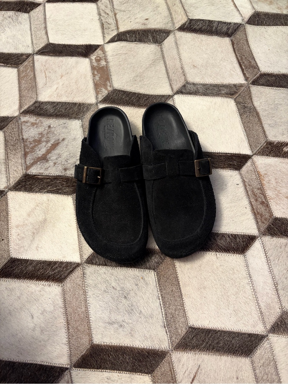 RE/DONE Women's 70s Moc Black Suede Slides  Sz 39